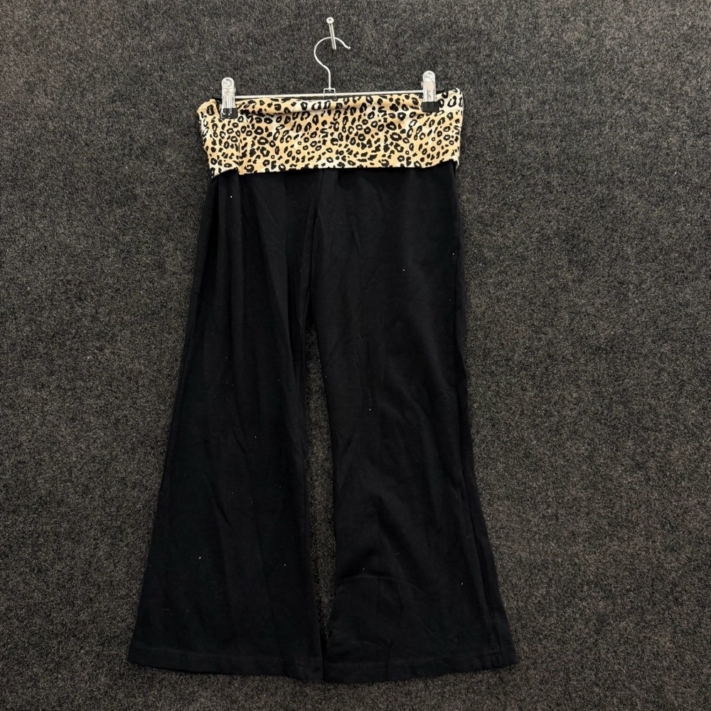 Grama Y2K Black Flare Pants Leopard Print Fold Over Waist Women Medium